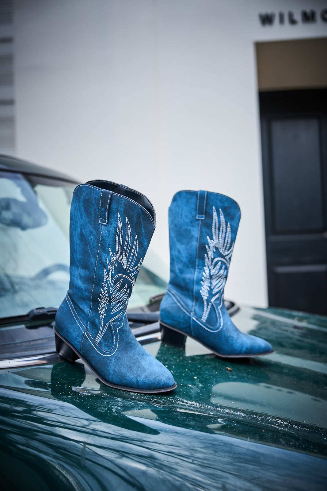 En Bloom | Vinny Wing Embroidered Western Knee Boots - Denim