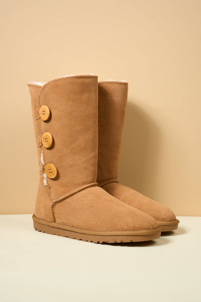 SMAIBULUN Ugg | Side Button Faux Fur-Lined Leather Suede Boots - chestnut