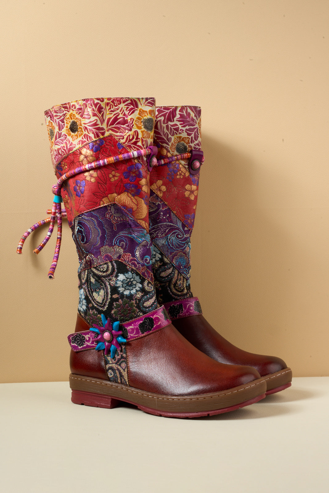 Soffia | Daylen Floral Embroidery Leather Knee-High Boots