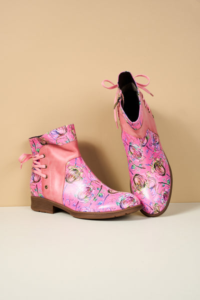 Soffia | Autumn Fields Floral Leather Ankle Booties - Pink