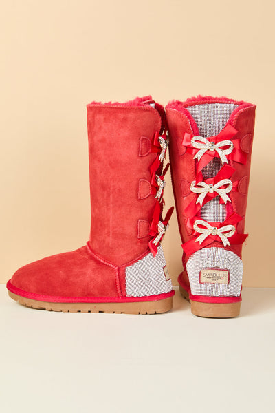 SMAIBULUN Ugg | Rhinestone Ribbon Tri-Tie Bow Suede Boots - candy