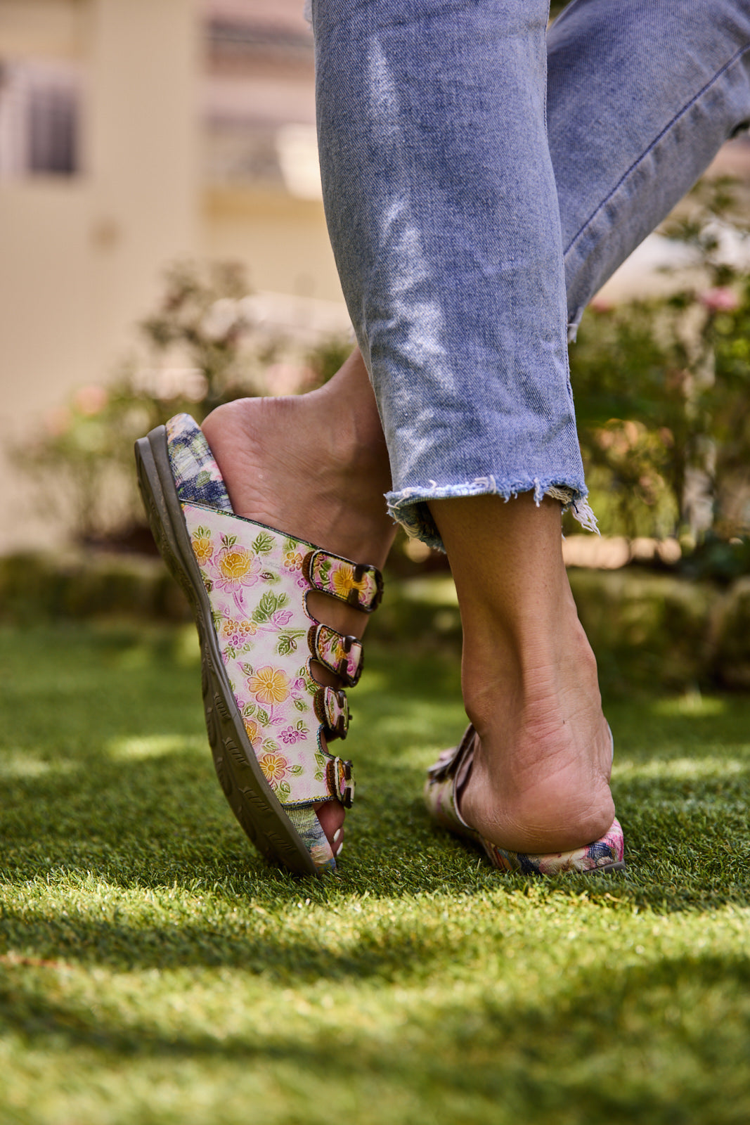 Soffia | Garden Bliss Floral Leather Footbed Sandals