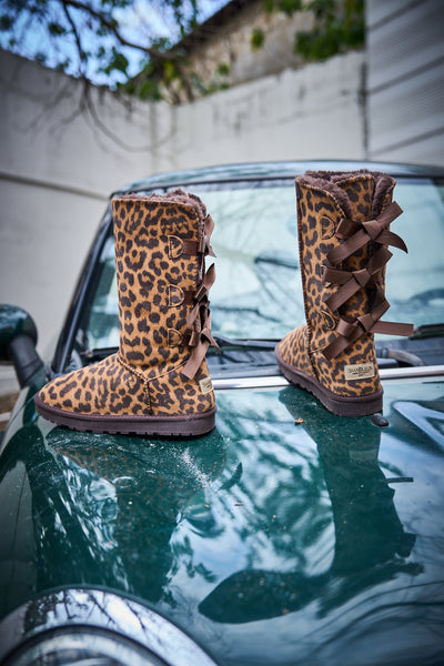 SMAIBULUN Ugg | Tri Ribbon Bow Suede Boots - cheetah