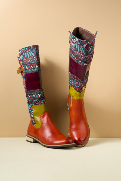 Soffia | Cozy Up Abstract Embroidered Leather Knee-High Boots