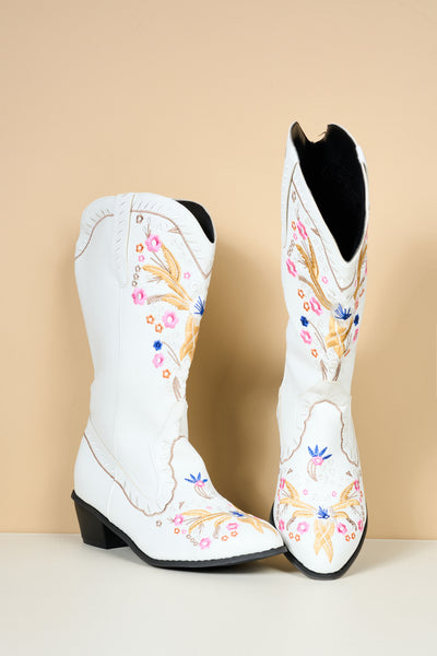 En Bloom | Santa Fe Floral Embroidered Western Knee Boots - White