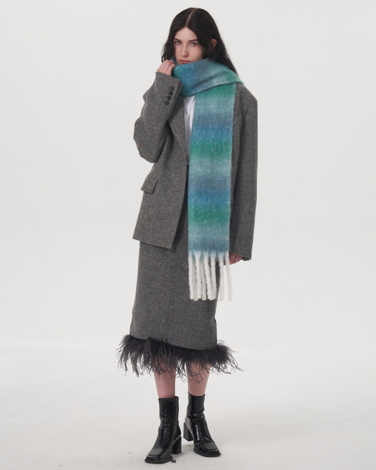 Mohair Gradient Wool Blend Tassel Blanket Scarf - Teal