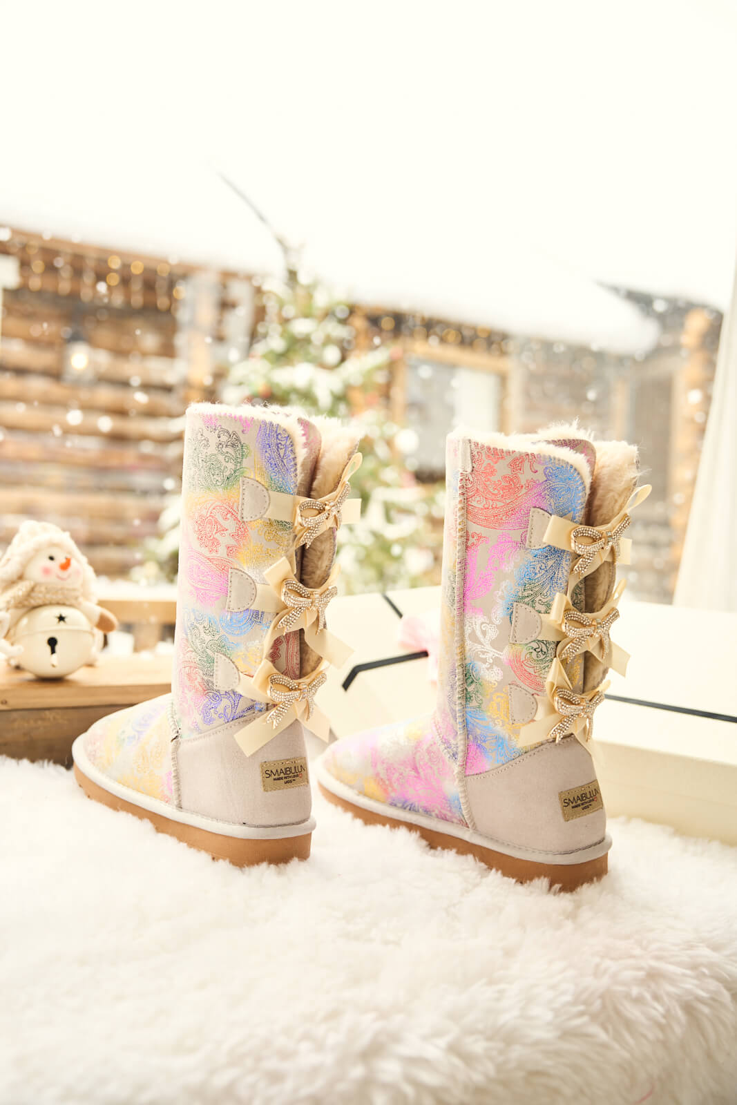 SMAIBULUN Ugg | Rhinestone Ribbon Tri-Tie Bow Suede Boots - multi