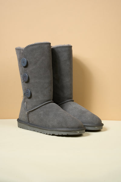 SMAIBULUN Ugg | Side Button Faux Fur-Lined Leather Suede Boots - grey