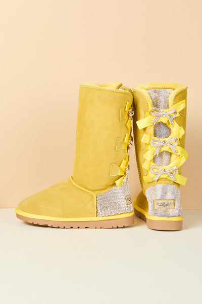 SMAIBULUN Ugg | Rhinestone Ribbon Tri-Tie Bow Suede Boots - lemon