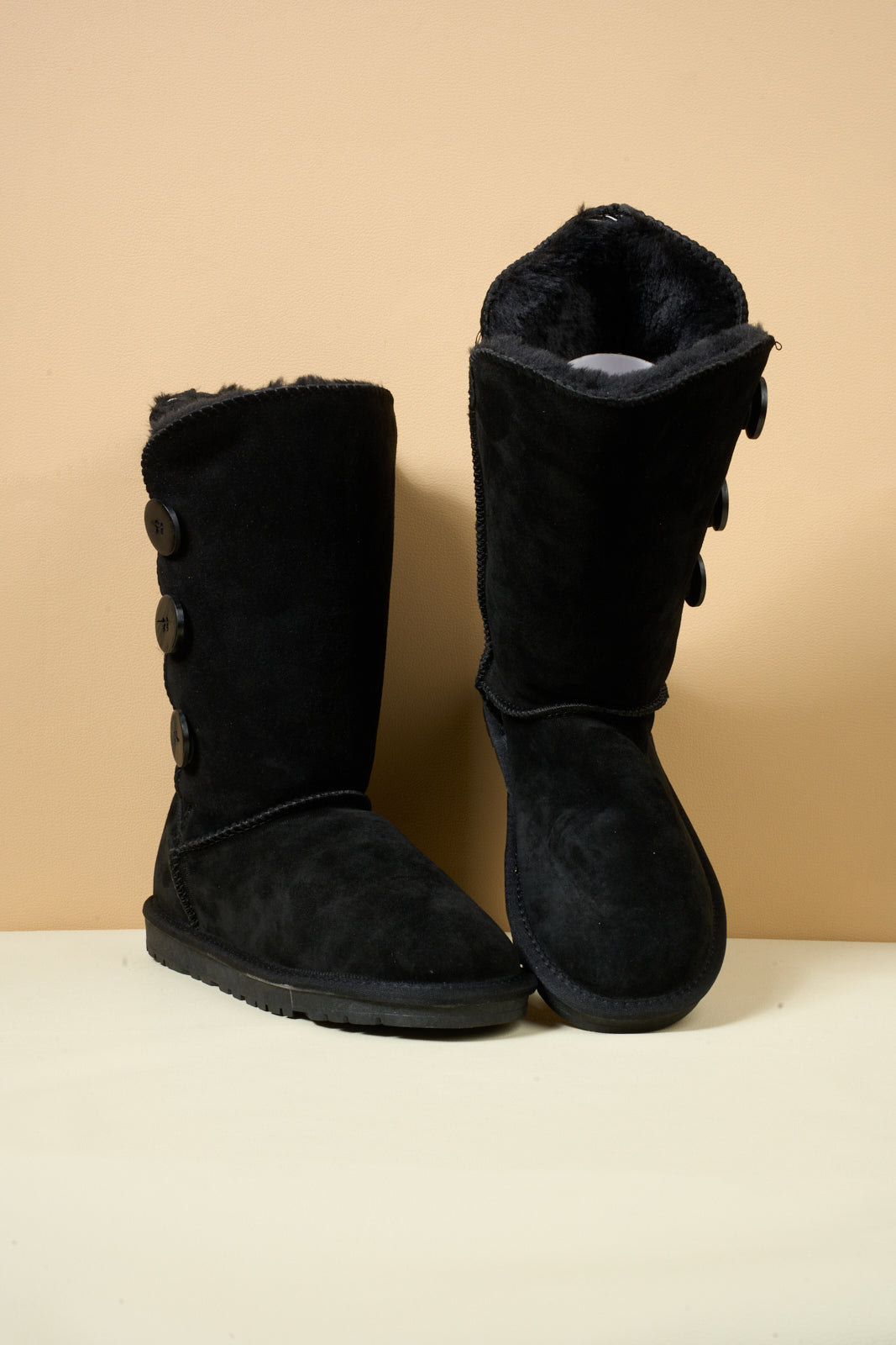 SMAIBULUN Ugg | Side Button Faux Fur-Lined Leather Suede Boots - black