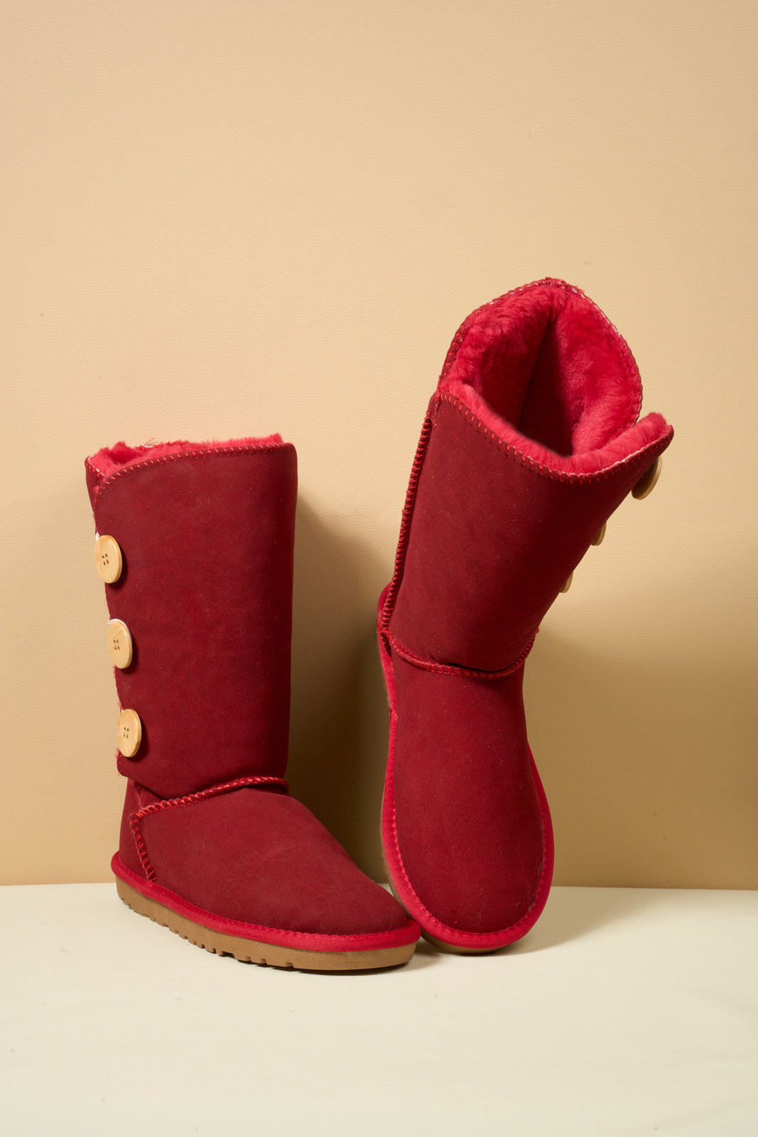 SMAIBULUN Ugg | Side Button Faux Fur-Lined Leather Suede Boots - red