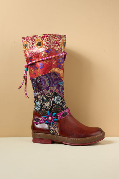 Soffia | Daylen Floral Embroidery Leather Knee-High Boots