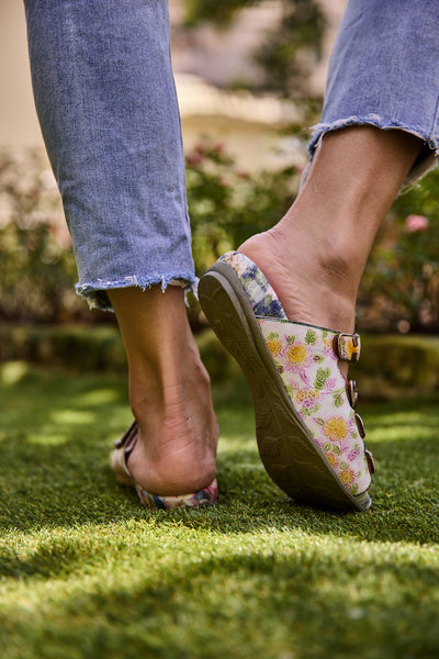 Soffia | Garden Bliss Floral Leather Footbed Sandals