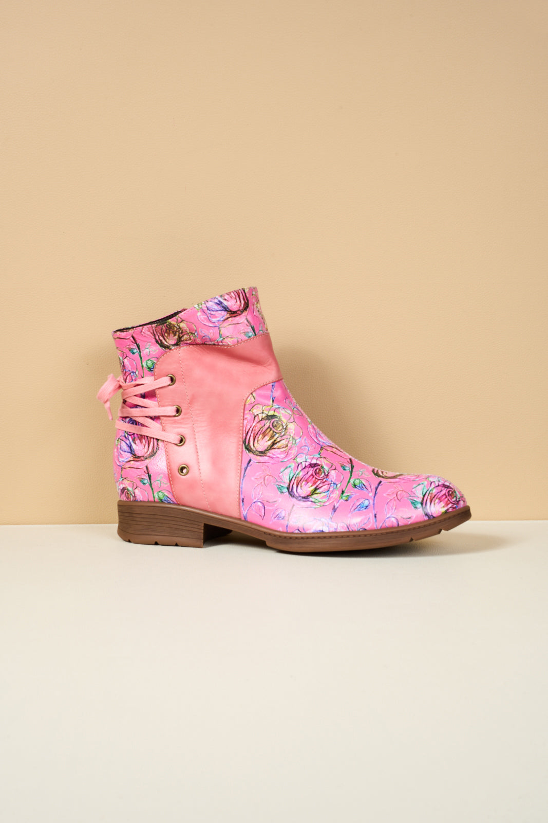 Soffia | Autumn Fields Floral Leather Ankle Booties - Pink