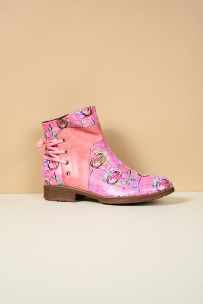 Soffia | Autumn Fields Floral Leather Ankle Booties - Pink