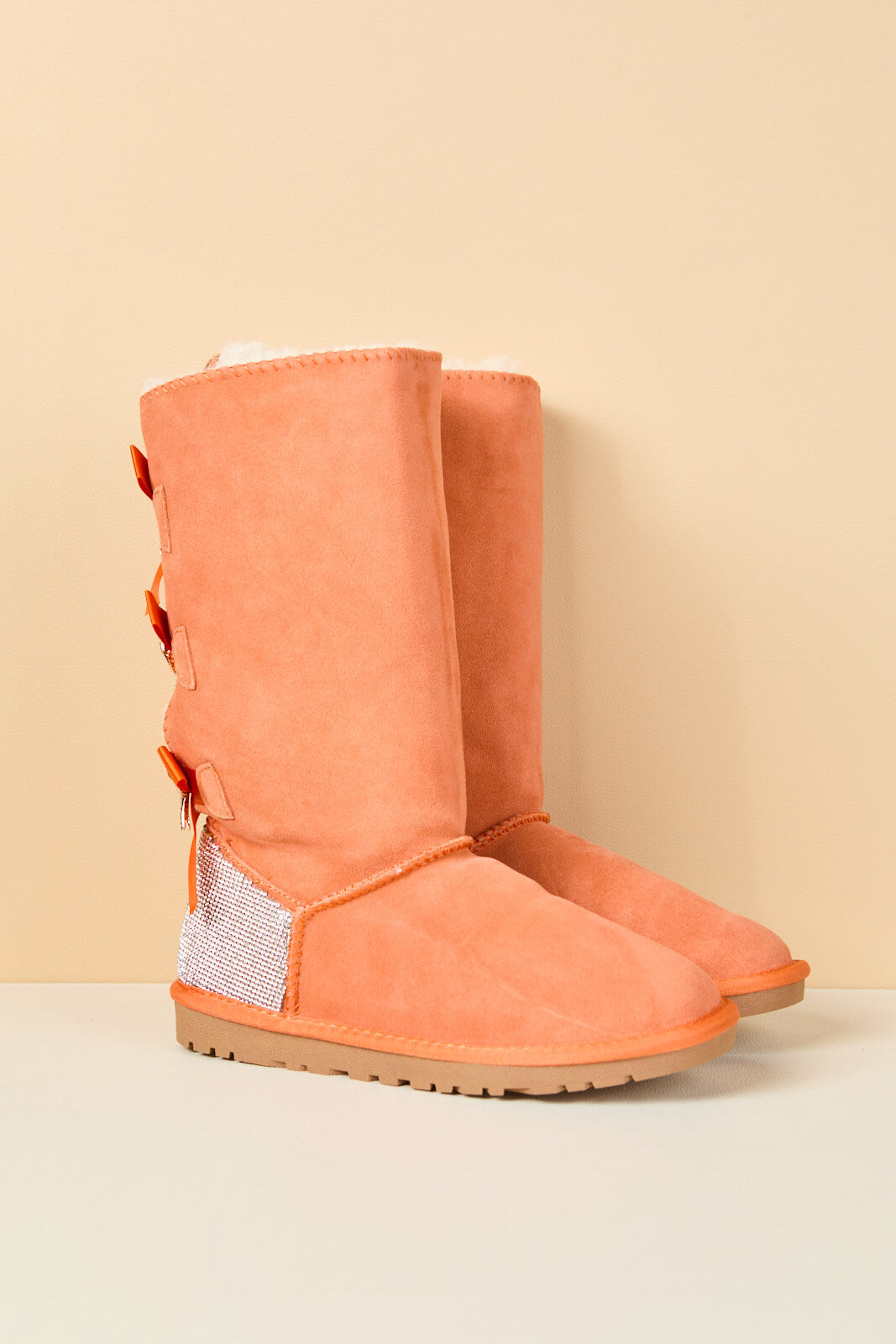 SMAIBULUN Ugg | Rhinestone Ribbon Tri-Tie Bow Suede Boots - tangerine