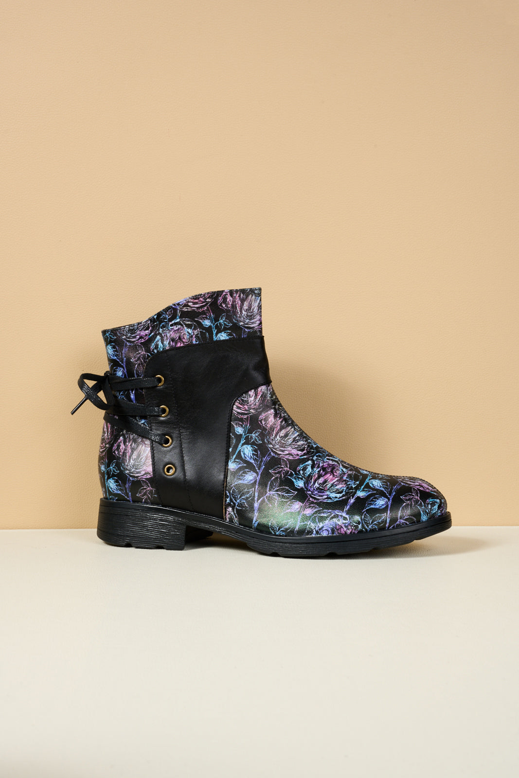 Soffia | Autumn Fields Floral Leather Ankle Booties - Black