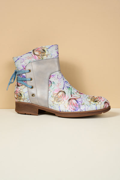 Soffia | Autumn Fields Floral Leather Ankle Booties - Grey