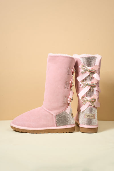 SMAIBULUN Ugg | Rhinestone Ribbon Tri-Tie Bow Suede Boots - Pink