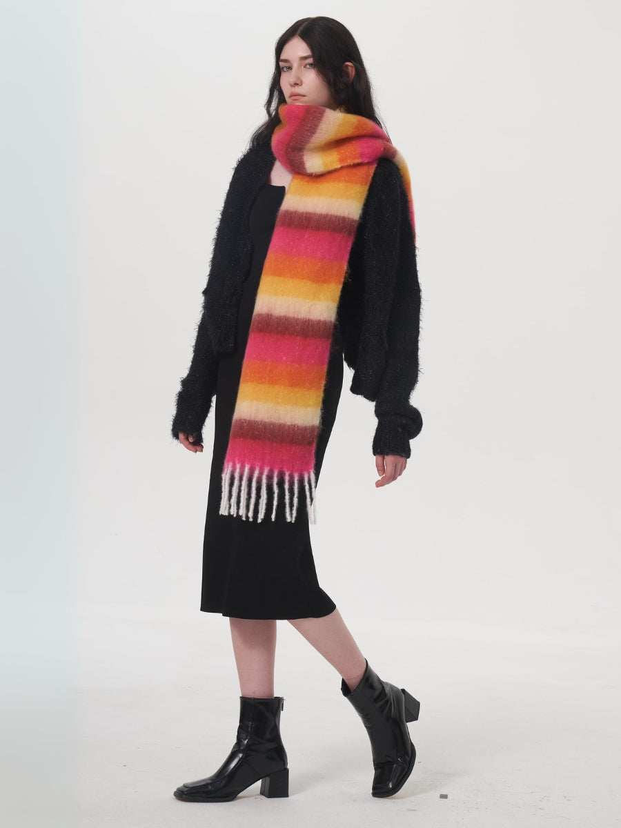 Dopamine Wool Blend Stripe Tassel Blanket Scarf - Orange