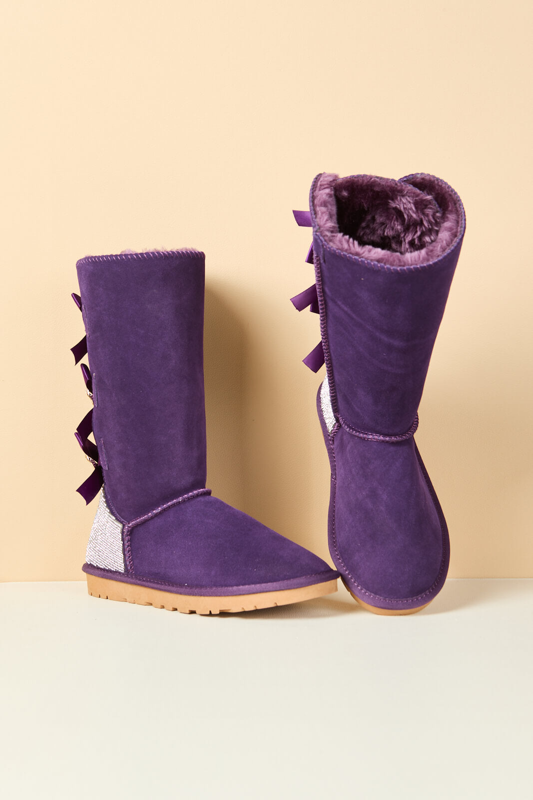 SMAIBULUN Ugg | Rhinestone Ribbon Tri-Tie Bow Suede Boots - violet