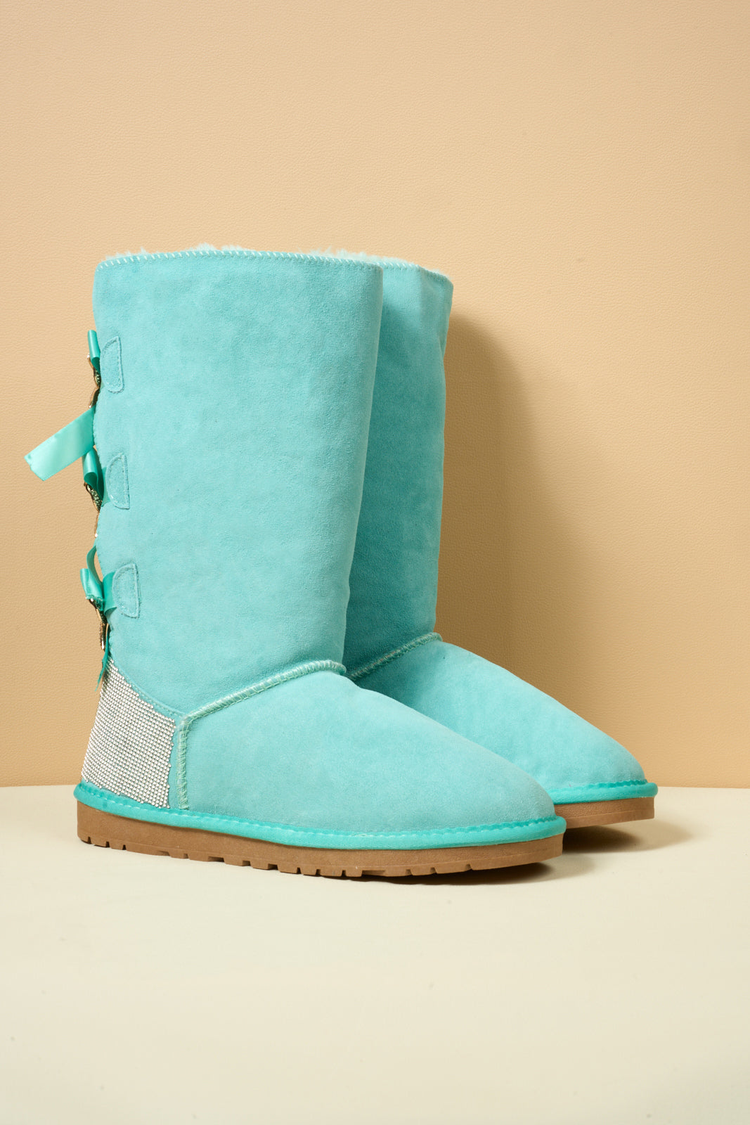 SMAIBULUN Ugg | Rhinestone Ribbon Tri-Tie Bow Suede Boots - turquoise