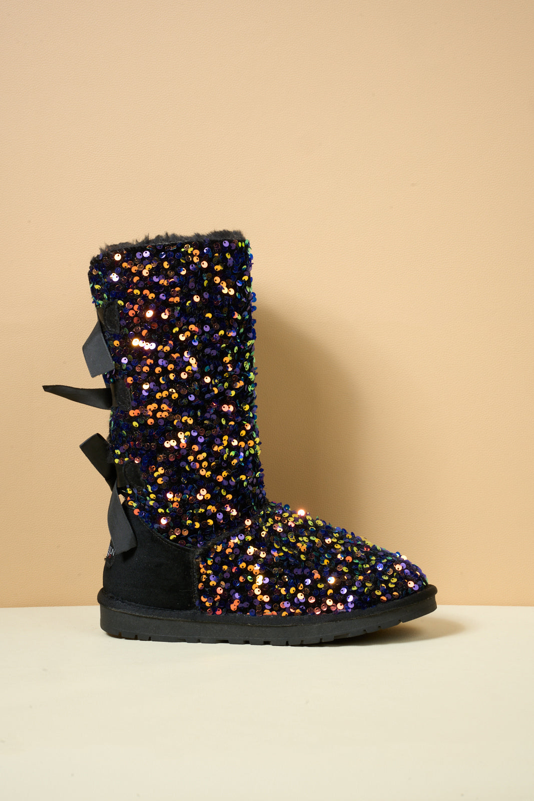 SMAIBULUN Ugg | Rhinestone Ribbon Tri-Tie Bow Suede Boots - Multi