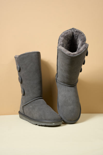 SMAIBULUN Ugg | Side Button Faux Fur-Lined Leather Suede Boots - grey