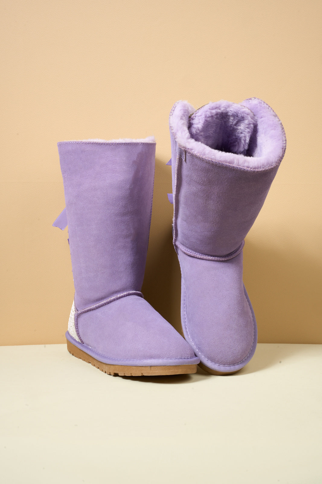 SMAIBULUN Ugg | Rhinestone Ribbon Tri-Tie Bow Suede Boots - lavender