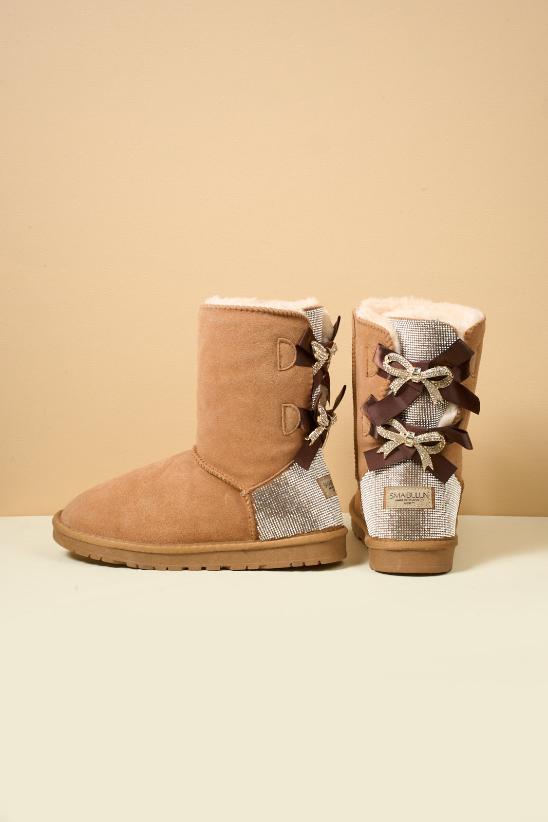 SMAIBULUN Ugg | Rhinestone Dual Bailey Bow Glam Ugg Boots - chestnut