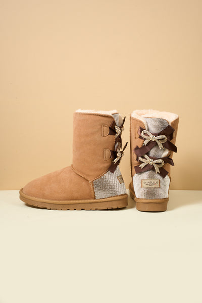 SMAIBULUN Ugg | Rhinestone Dual Bailey Bow Glam Ugg Boots - chestnut