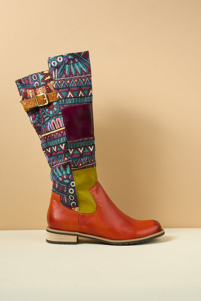 Soffia | Cozy Up Abstract Embroidered Leather Knee-High Boots