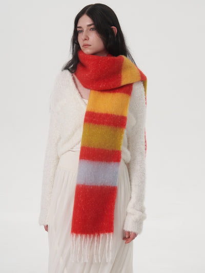 Dopamine Wool Blend Stripe Tassel Blanket Scarf - Red