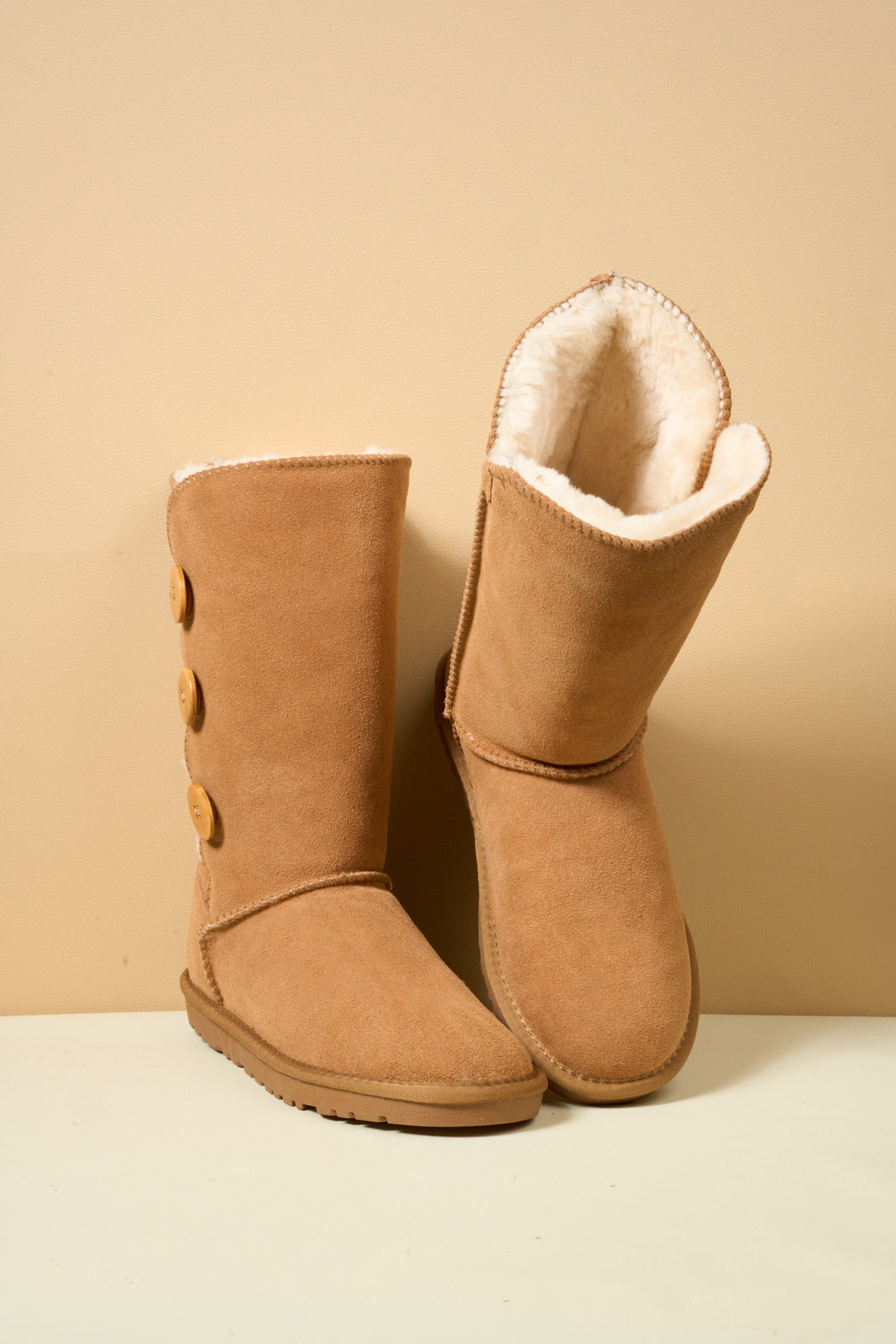 SMAIBULUN Ugg | Side Button Faux Fur-Lined Leather Suede Boots - chestnut