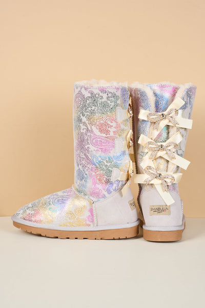 SMAIBULUN Ugg | Rhinestone Ribbon Tri-Tie Bow Suede Boots - multi