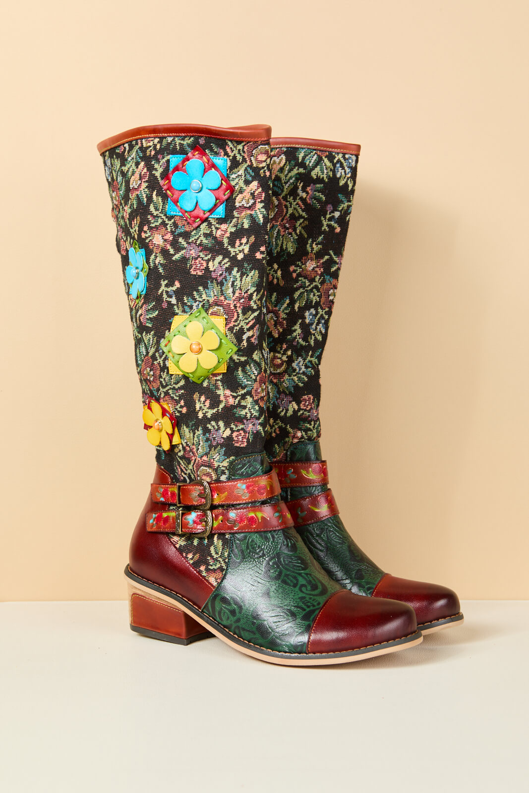 Soffia | Falling Petals Floral Knee-High Leather Boots