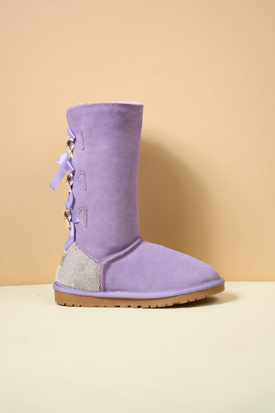 SMAIBULUN Ugg | Rhinestone Ribbon Tri-Tie Bow Suede Boots - lavender