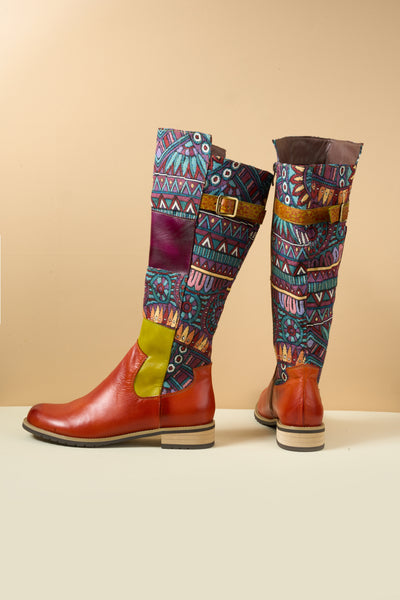 Soffia | Cozy Up Abstract Embroidered Leather Knee-High Boots