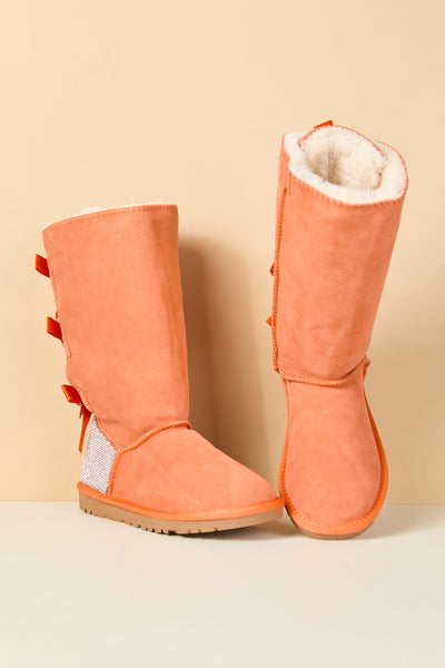 SMAIBULUN Ugg | Rhinestone Ribbon Tri-Tie Bow Suede Boots - tangerine