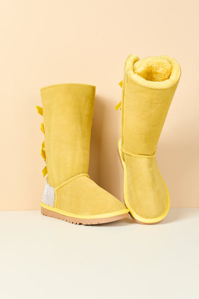 SMAIBULUN Ugg | Rhinestone Ribbon Tri-Tie Bow Suede Boots - lemon