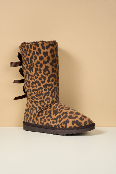 SMAIBULUN Ugg | Tri Ribbon Bow Suede Boots - cheetah