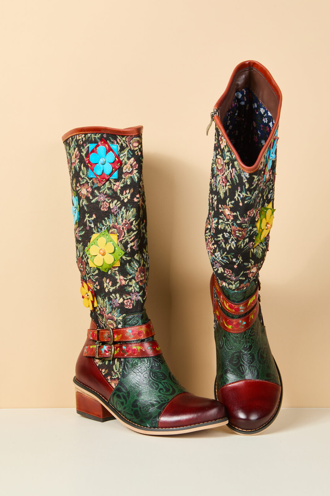 Soffia | Falling Petals Floral Knee-High Leather Boots