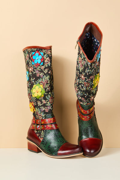 Soffia | Falling Petals Floral Knee-High Leather Boots