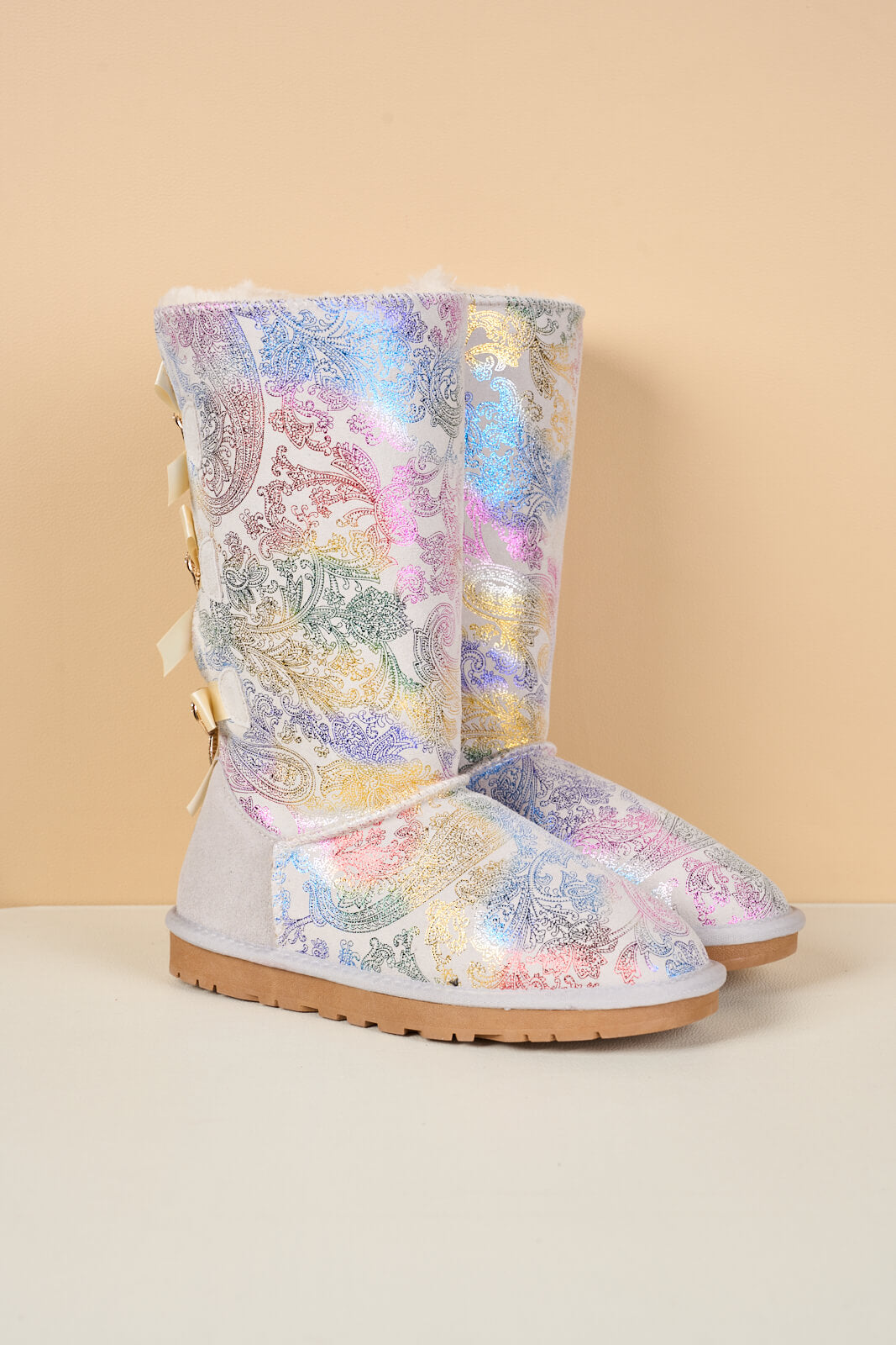 SMAIBULUN Ugg | Rhinestone Ribbon Tri-Tie Bow Suede Boots - multi