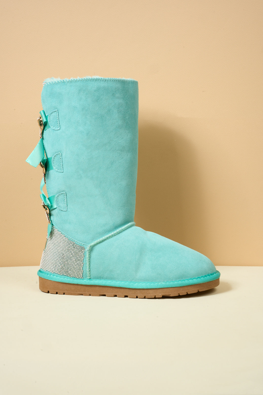 SMAIBULUN Ugg | Rhinestone Ribbon Tri-Tie Bow Suede Boots - turquoise