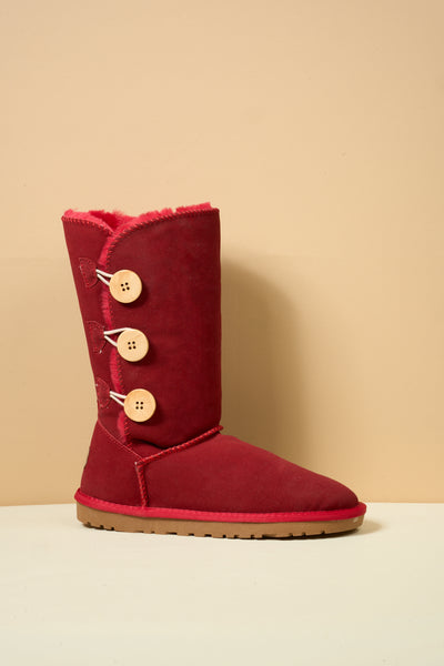 SMAIBULUN Ugg | Side Button Faux Fur-Lined Leather Suede Boots - red