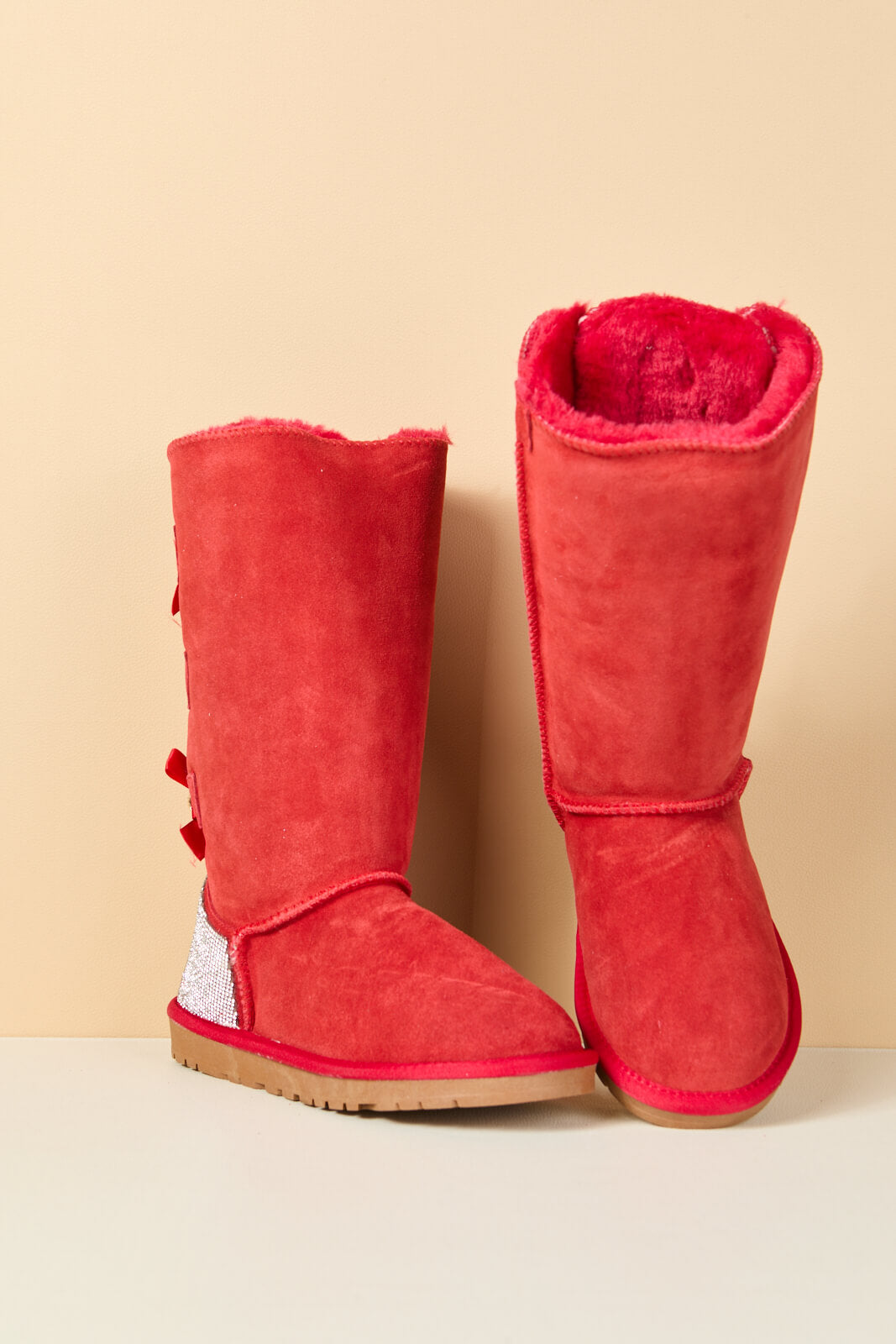 SMAIBULUN Ugg | Rhinestone Ribbon Tri-Tie Bow Suede Boots - candy