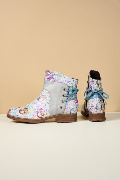 Soffia | Autumn Fields Floral Leather Ankle Booties - Grey