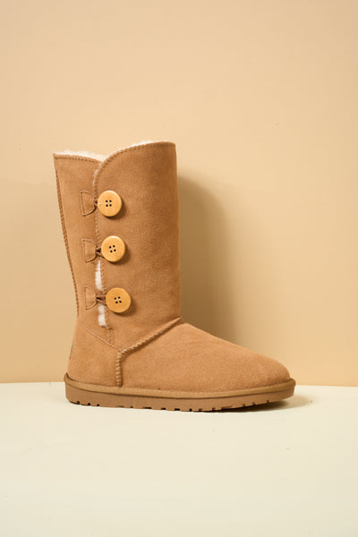 SMAIBULUN Ugg | Side Button Faux Fur-Lined Leather Suede Boots - chestnut