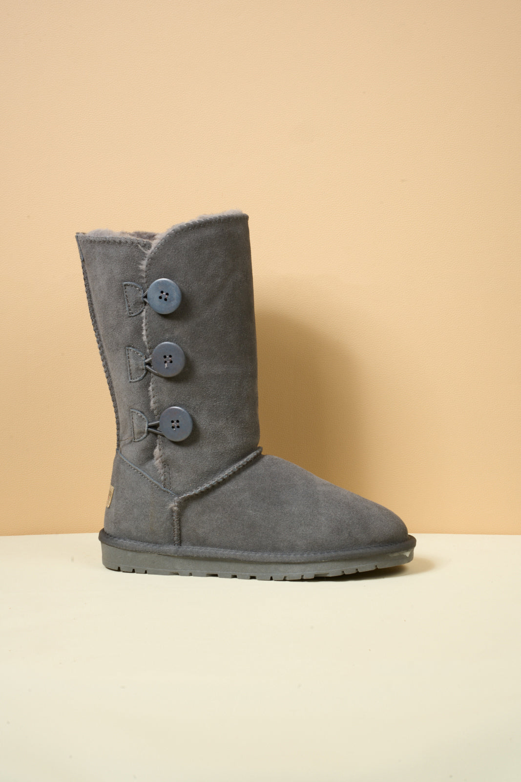 SMAIBULUN Ugg | Side Button Faux Fur-Lined Leather Suede Boots - grey